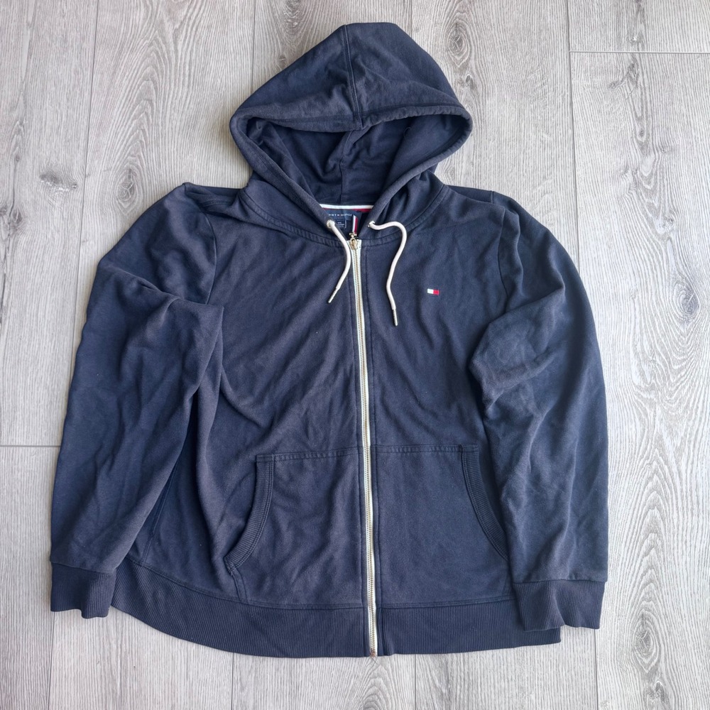 Tommy Hilfiger Mens XXL Navy Blue Full Zip Fleece Hoodie Sweatshirt Flag Logo